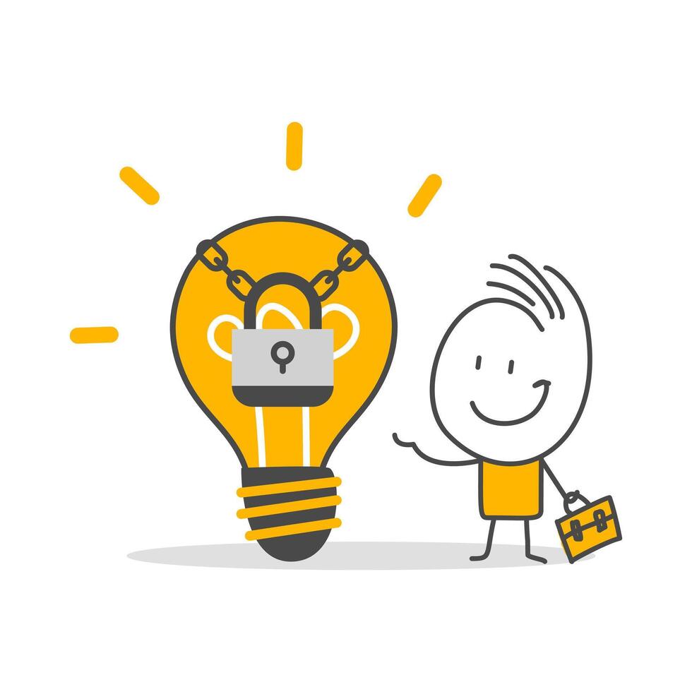 Businessman standing near light bulb with lock on it. vector