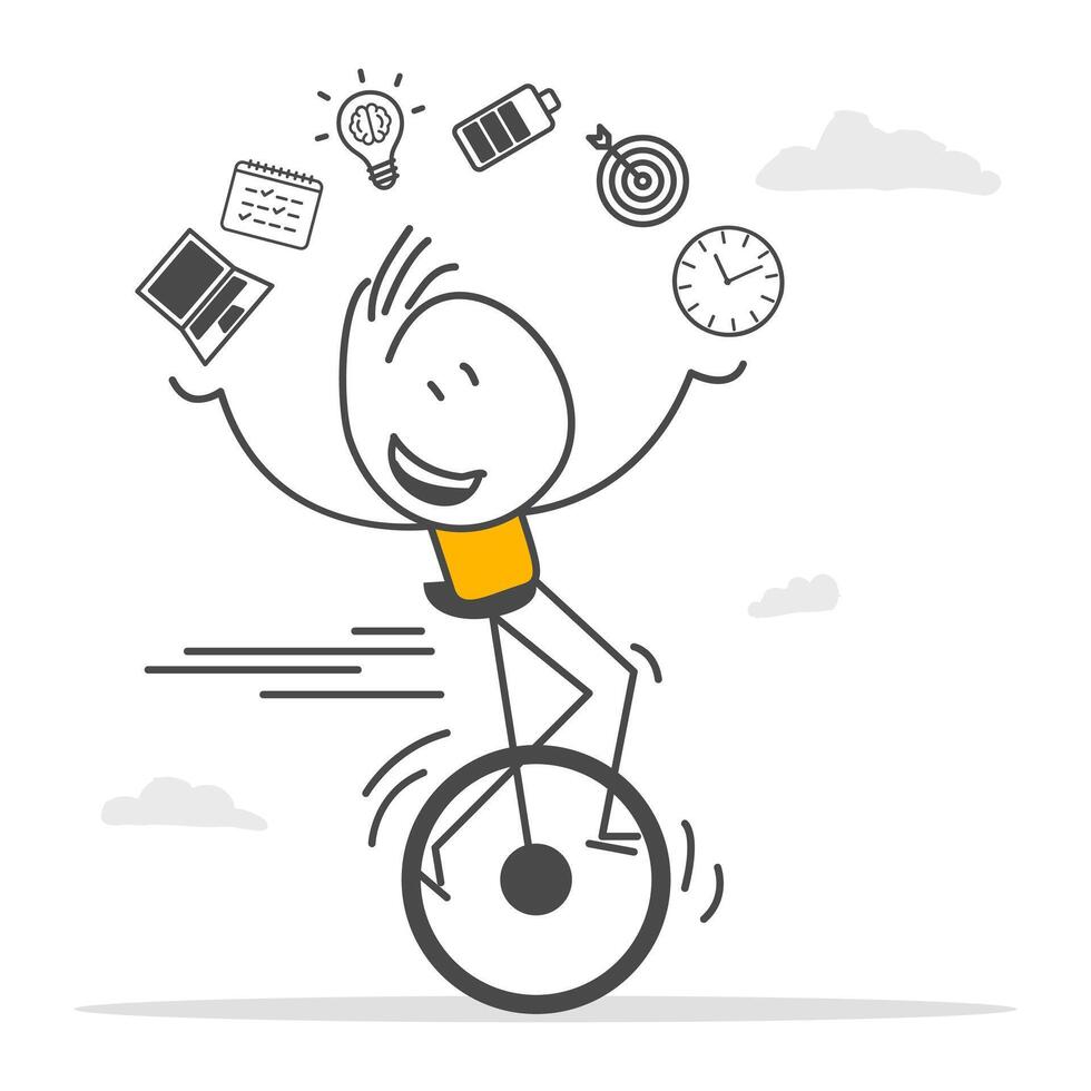 Skilled businessman riding a unicycle and juggling elements, laptop, calendar, ideas and emails. vector