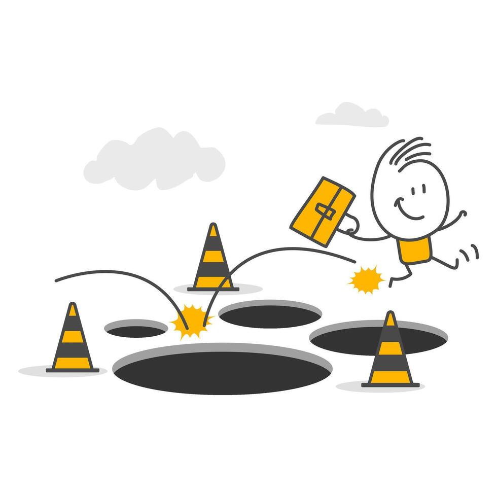 Businessman jumps over many traps to achieve business success. vector