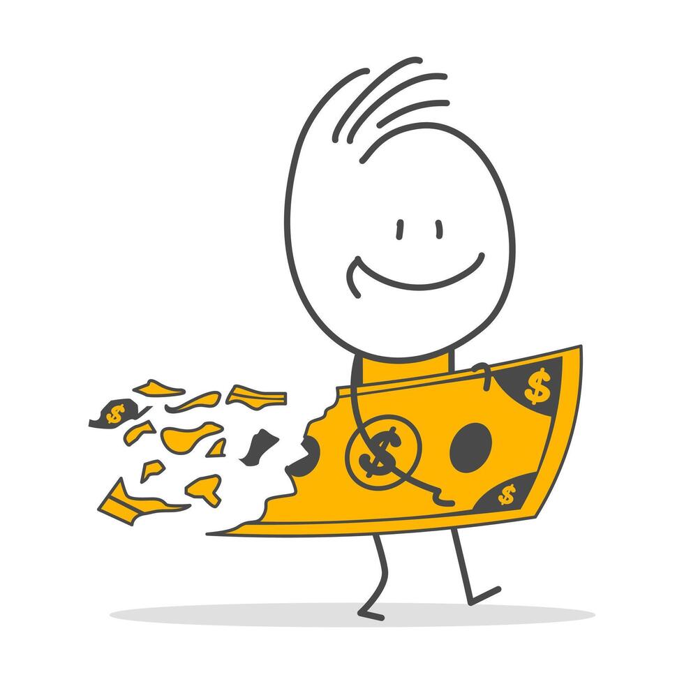 Businessman holding large dollar bill during loss, fragmentation and depreciation. vector