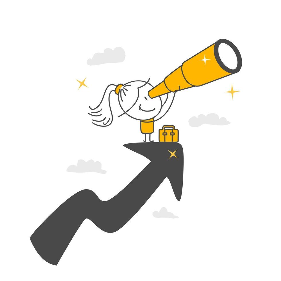 Businesswoman climbing up with rising arrow through big telescope binoculars. Profit and earnings forecast concept. vector