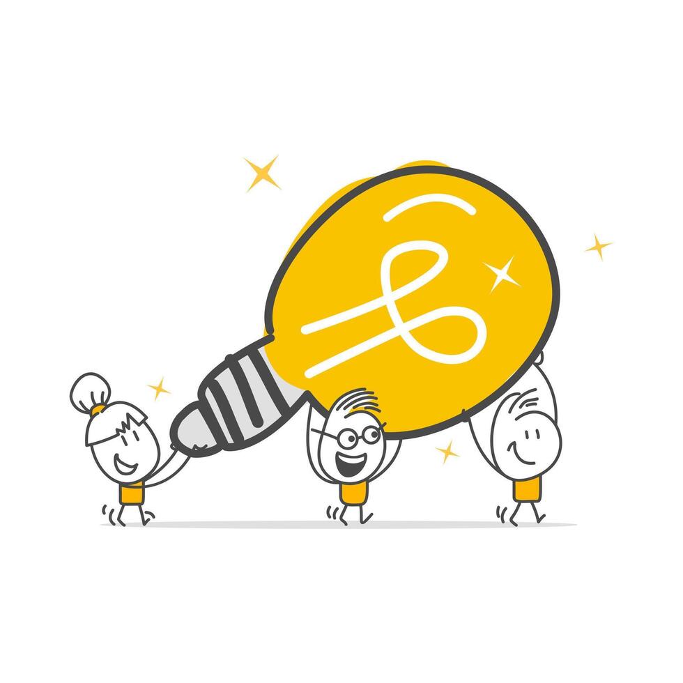 Teamwork of business people helps to bring the big smart bulb innovation idea to life. The innovation idea. vector