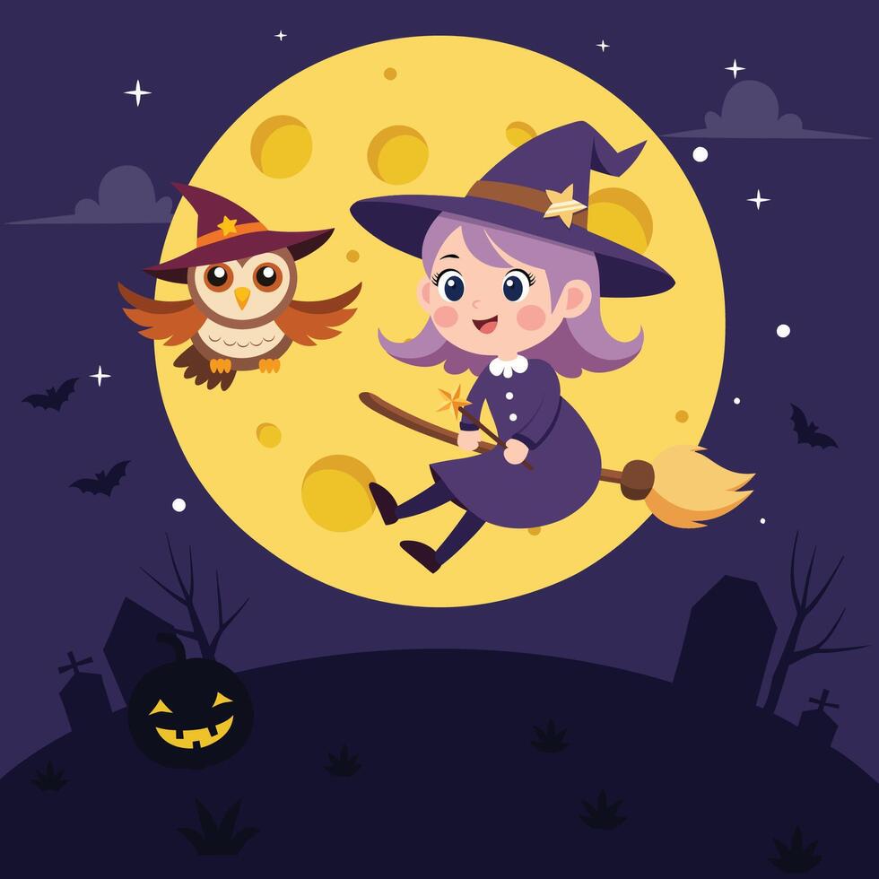 Cute little witch riding a broom with an owl in night time over the graveyard, Happy Halloween. vector