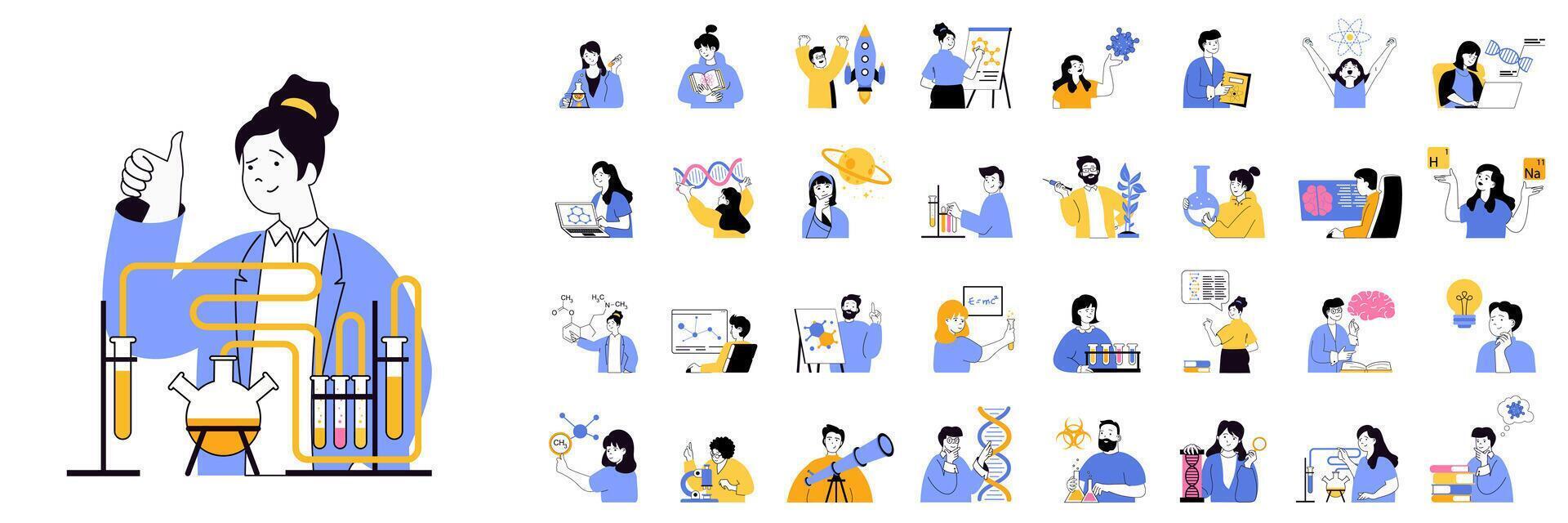 Science lab concept mega set with character scenes in flat design for web. Bundle situations with people make chemical research, learning plants or viruses, work in laboratory. illustrations. vector