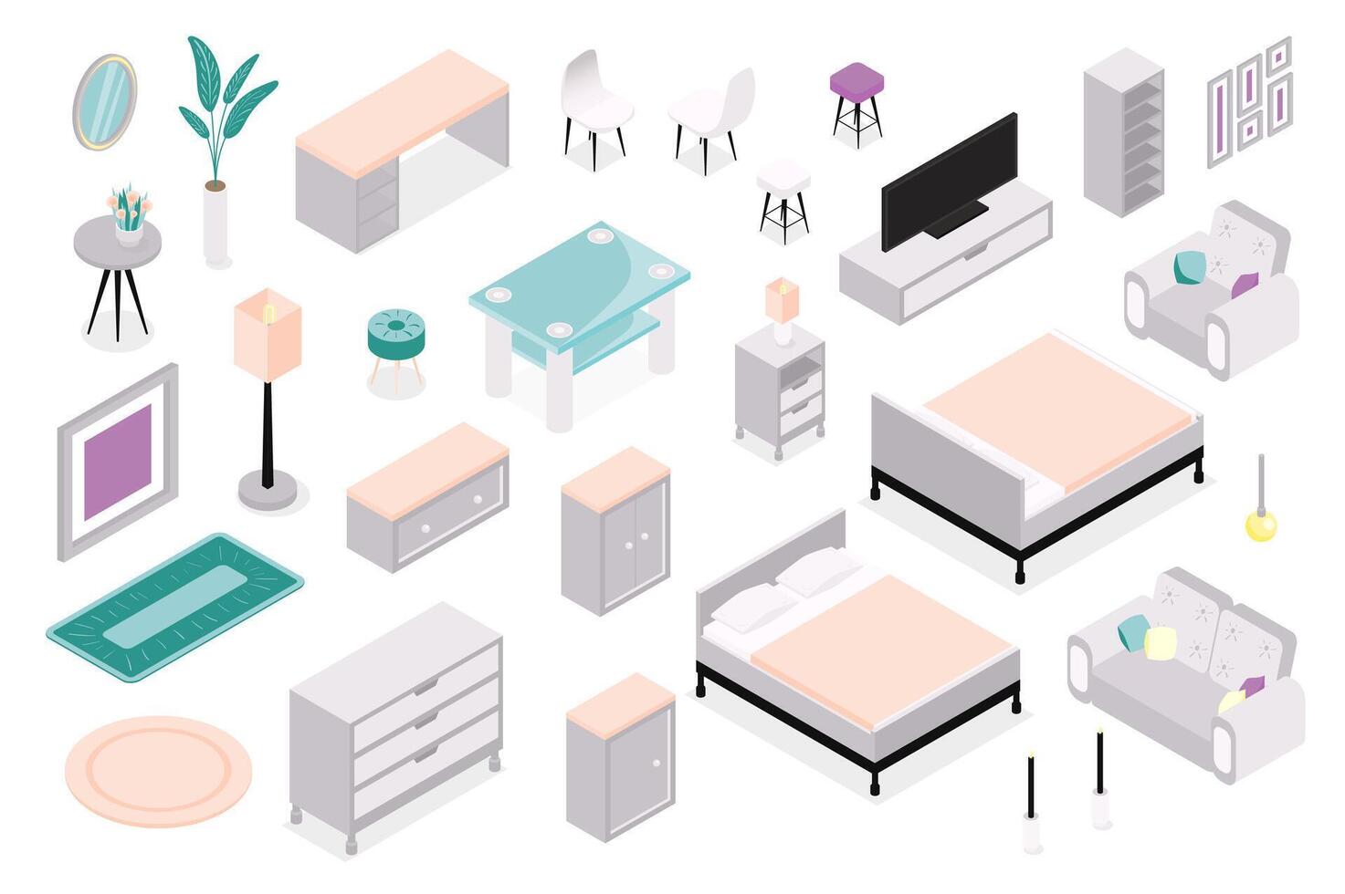 Furniture 3d isometric mega set in isometry graphic design. Collection elements of mirror, plant, table, carpet, floor lamp, nightstand, chest, bed, armchair, tv, chair, other. illustration. vector