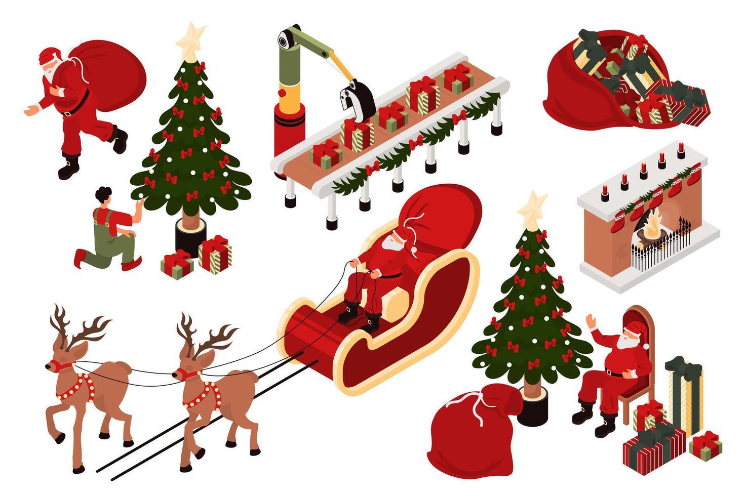 Christmas 3d isometric mega set in isometry graphic design. Collection elements of Santa Claus with gift bag, tree, festive tree, reindeers in sleigh, fireplace, presents, other. illustration. vector