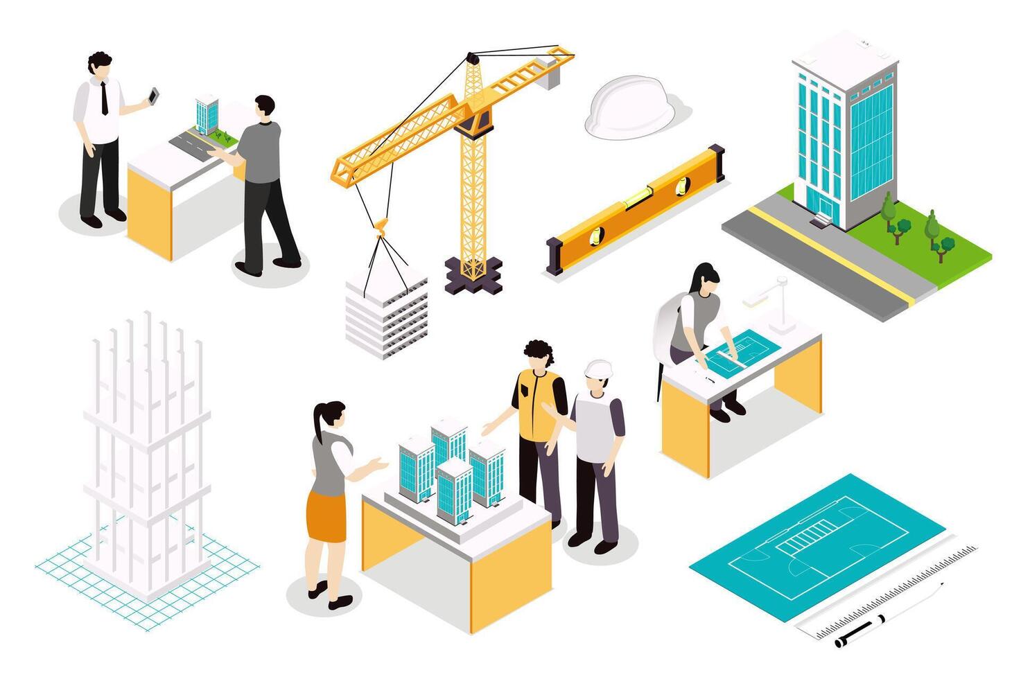 Construction engineers 3d isometric mega set in isometry graphic design. Collection elements of architect, crane, level, helmet, skyscraper, drawing plan, builders, frame, other. illustration. vector
