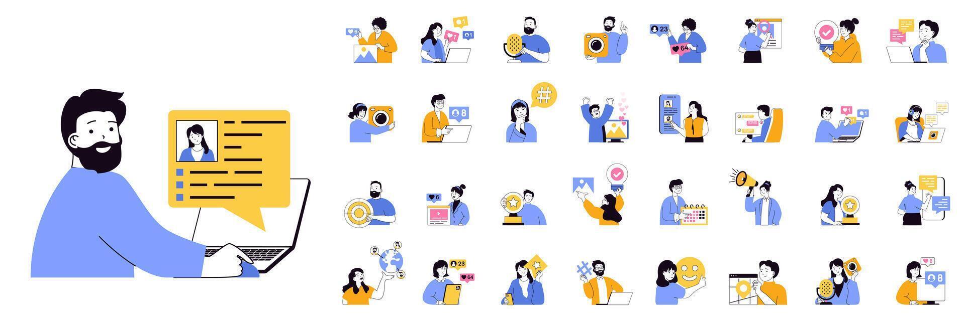 Social network concept mega set with character scenes in flat design for web. Bundle situations with people chatting online with friend, posting new photos, making live streams. illustrations. vector