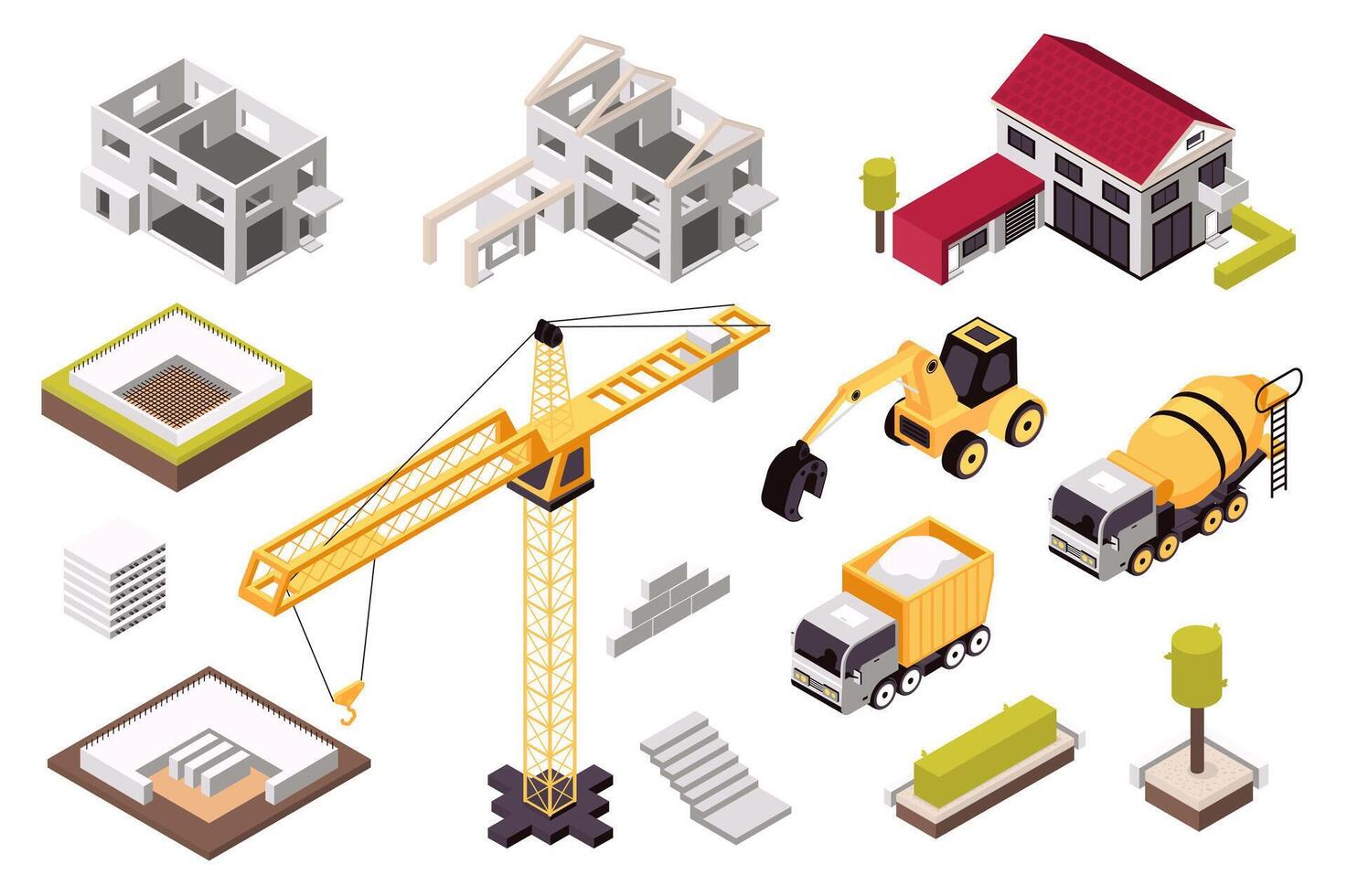 Construction 3d isometric mega set in isometry graphic design. Collection elements of buildings, suburb house, foundation, crane, bricks, excavator, concrete mixer, truck, other. illustration. vector