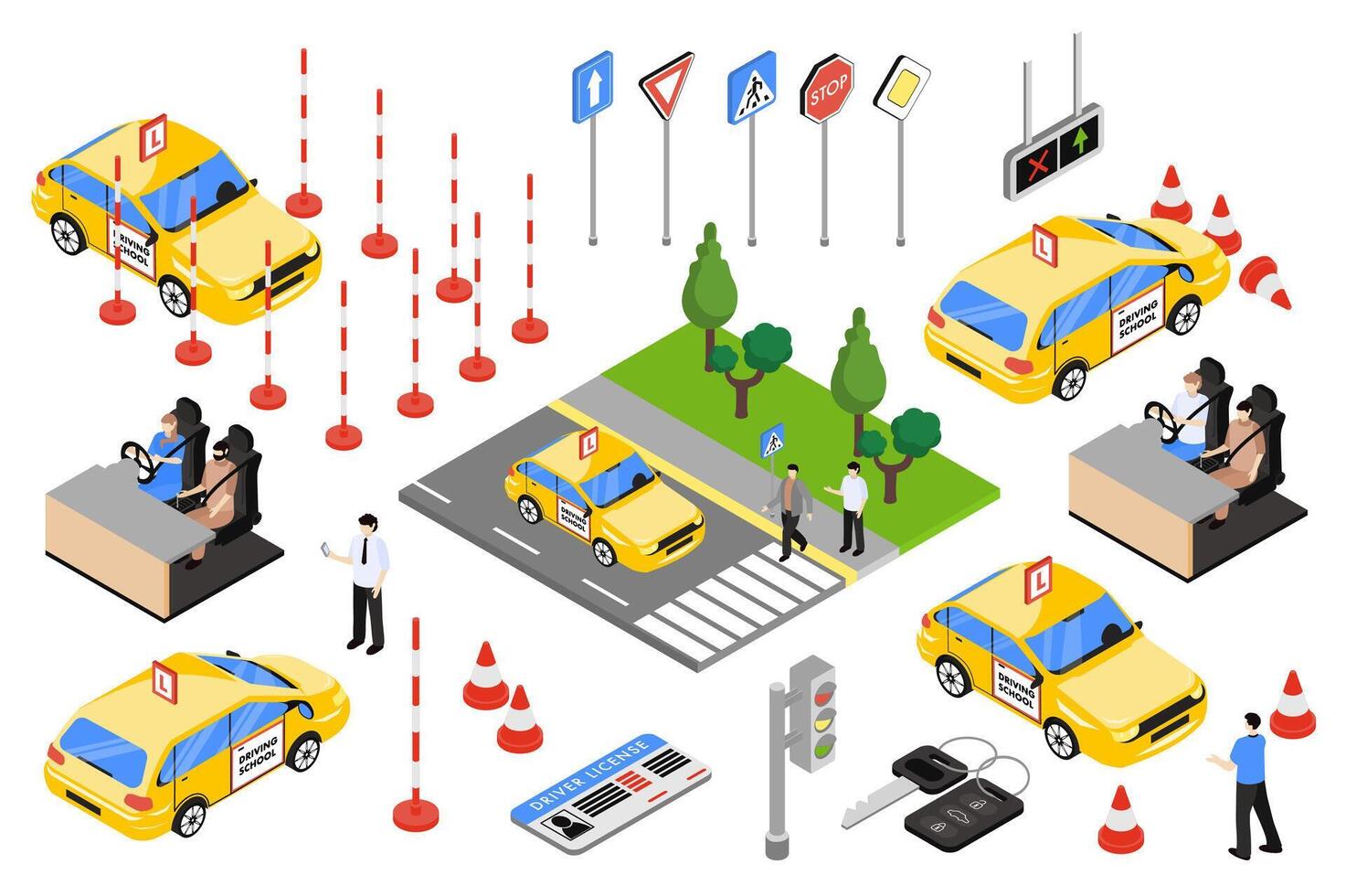 Driving school 3d isometric mega set in isometry graphic design. Collection elements of training car, road sign, pedestrian crosswalk, traffic lights, driver license, key, other. illustration. vector