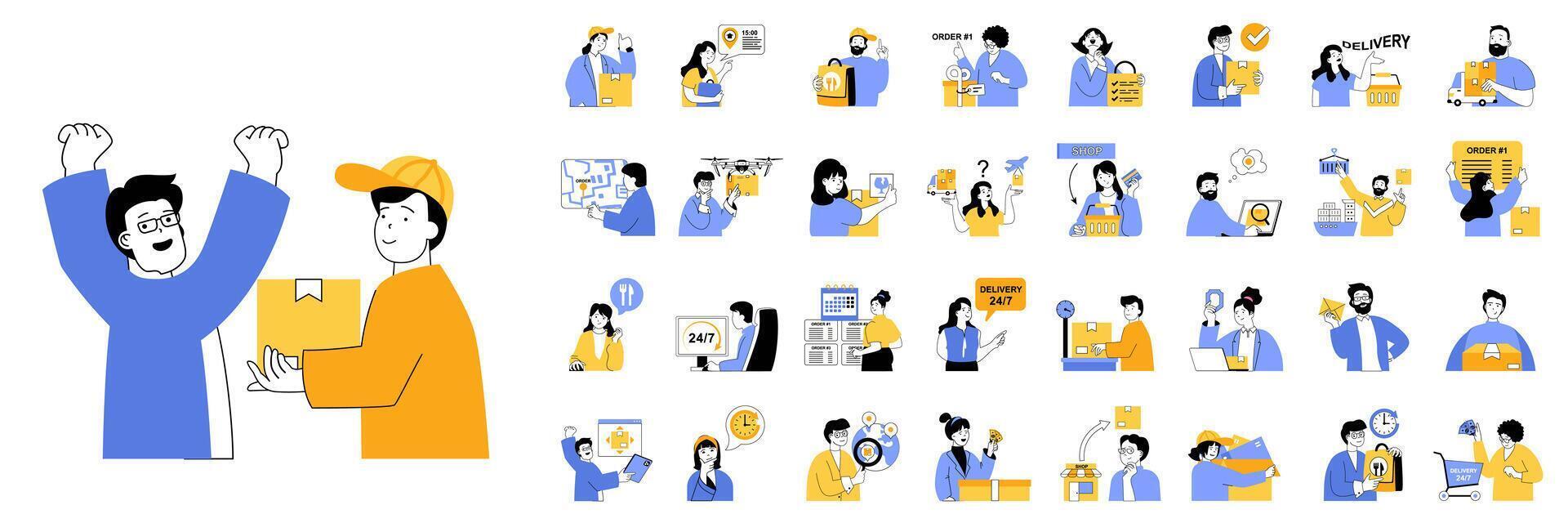 Delivery concept mega set with character scenes in flat design for web. Bundle situations with people get parcel box from courier, ordering shipping gifts, using food delivering. illustrations. vector
