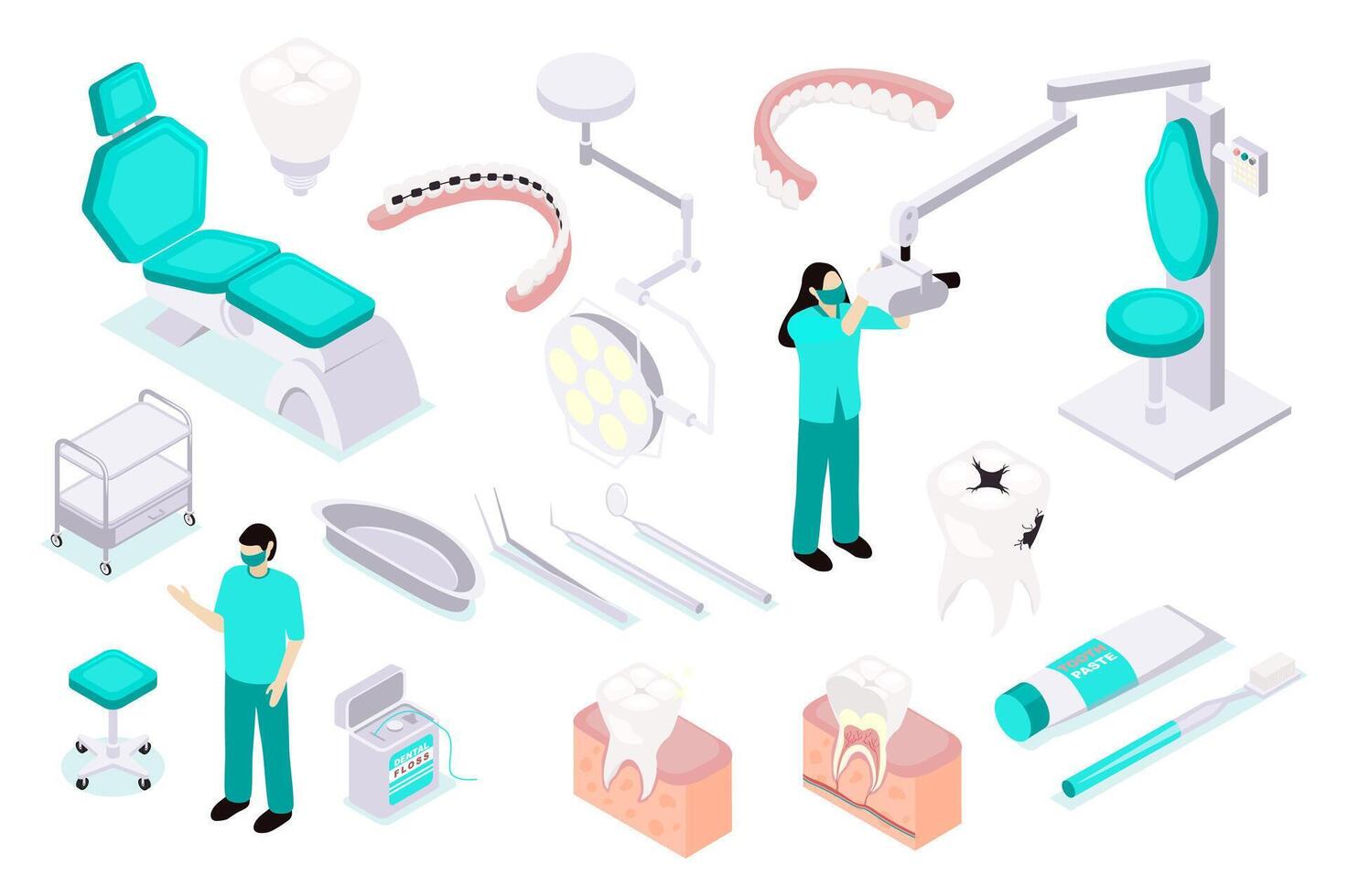 Stomatology 3d isometric mega set in isometry graphic design. Collection elements of patient chair, braces, dentures, lamp, tools, examination mirror, dentist, toothbrush, other. illustration. vector