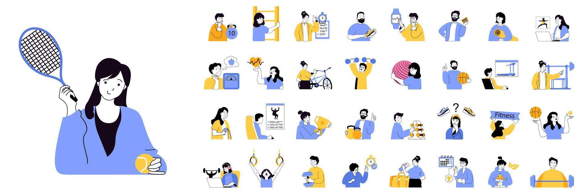 Fitness concept mega set with character scenes in flat design for web. Bundle situations with people playing tennis, doing training, exercising with gym ball, lifting barbell. illustrations. vector