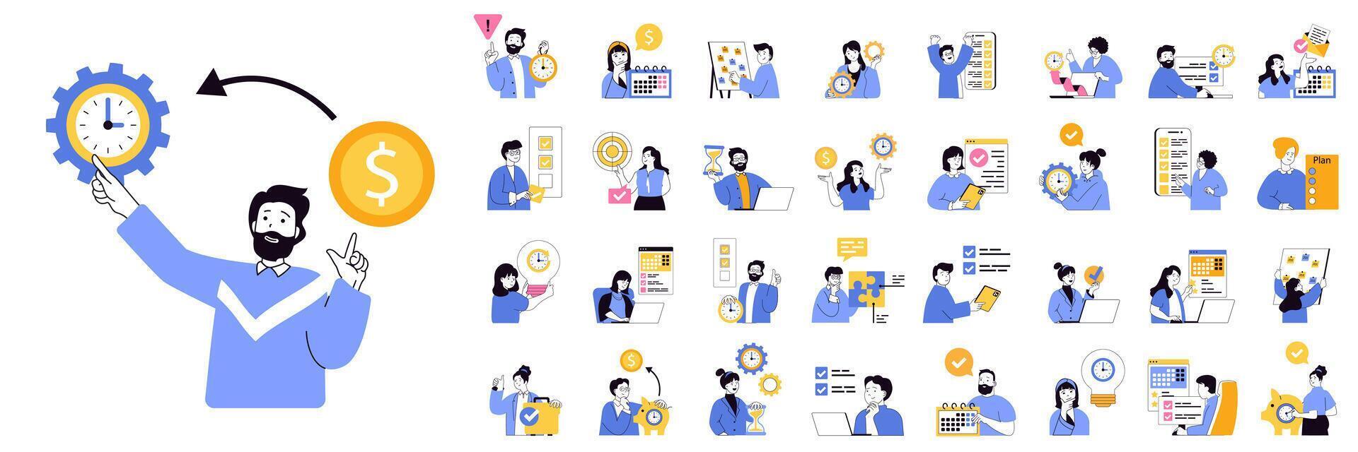 Time management concept mega set with character scenes in flat design for web. Bundle situations with people manage schedule with clock, plan tasks in calendar, work to deadline. illustrations. vector