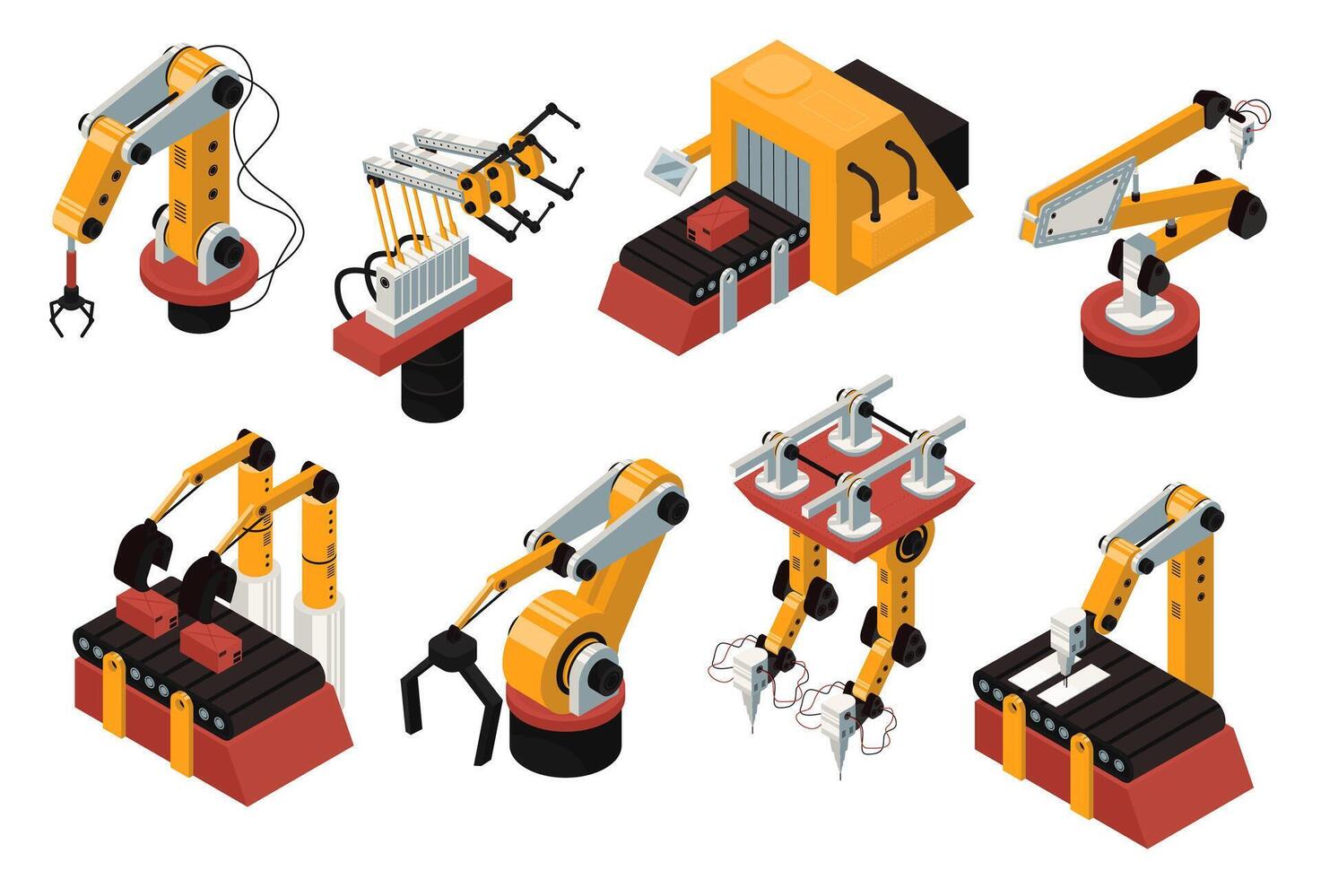 Robot automation 3d isometric mega set in isometry graphic design. Collection elements of different types robotic arms and tools for automatic manufacturing and conveyer lines. illustration. vector