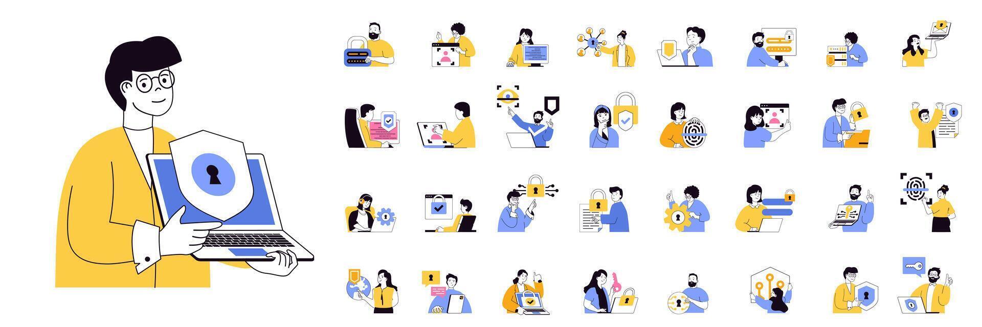 Cyber security concept mega set with character scenes in flat design for web. Bundle situations with people using protection system with identify scans, protecting with firewall. illustrations. vector