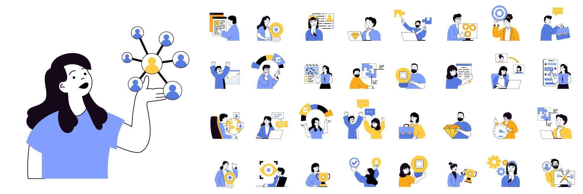 Teamwork concept mega set with character scenes in flat design for web. Bundle situations with people working together at project, supporting colleagues, brainstorming new ideas. illustrations. vector