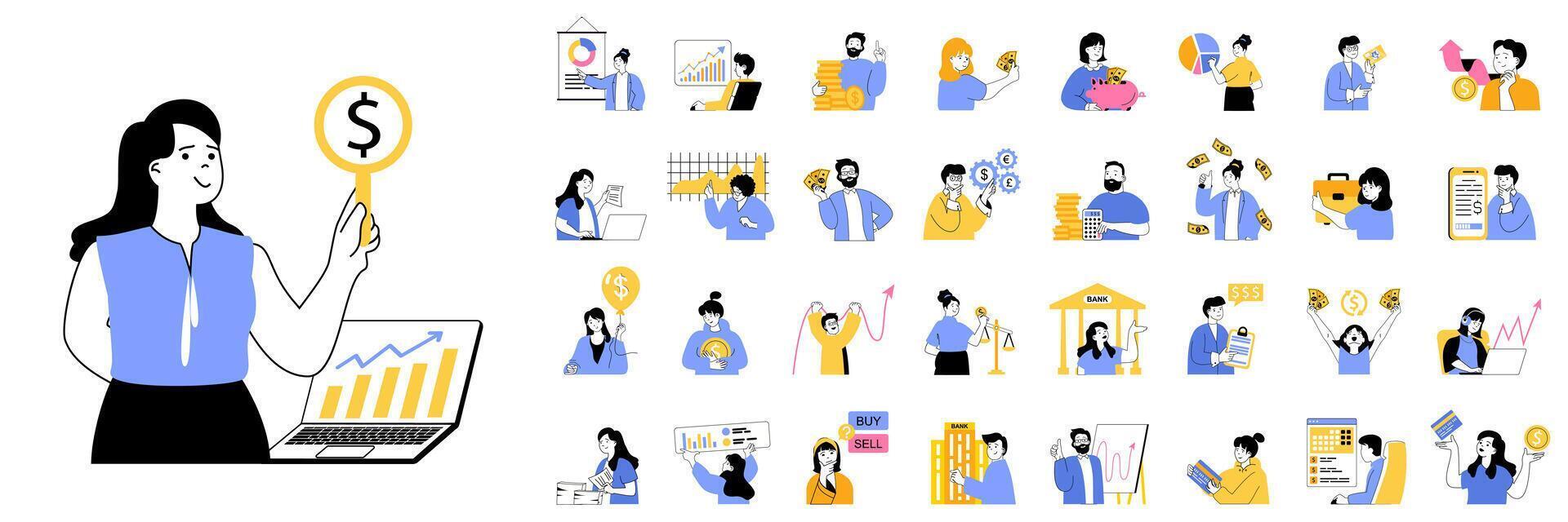 Business and finance concept mega set with character scenes in flat design for web. Bundle situations with people making statistic analysis, calculating and accounting income. illustrations. vector
