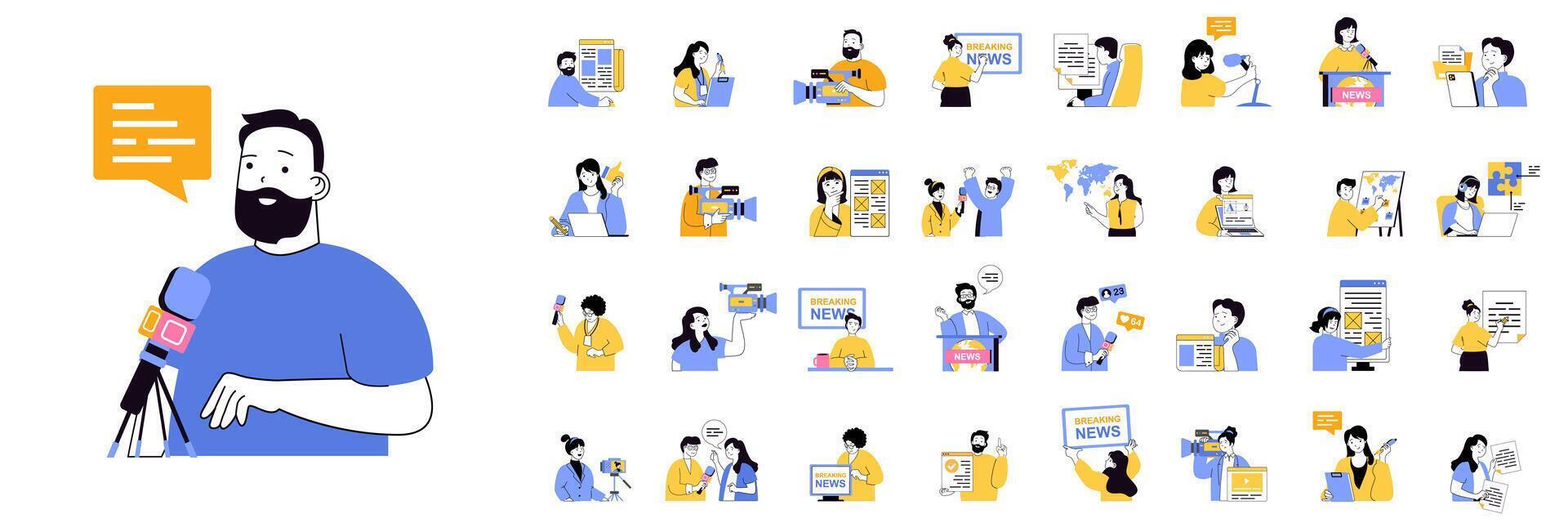 Journalism concept mega set with character scenes in flat design for web. Bundle situations with people talk breaking news, work in tv show, take interview, making reportage. illustrations. vector