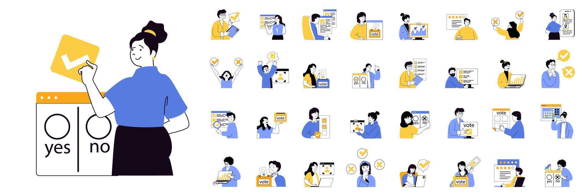 Online voting concept mega set with character scenes in flat design for web. Bundle situations with people choosing in political vote, analyzing politics rating and exit polls. illustrations. vector