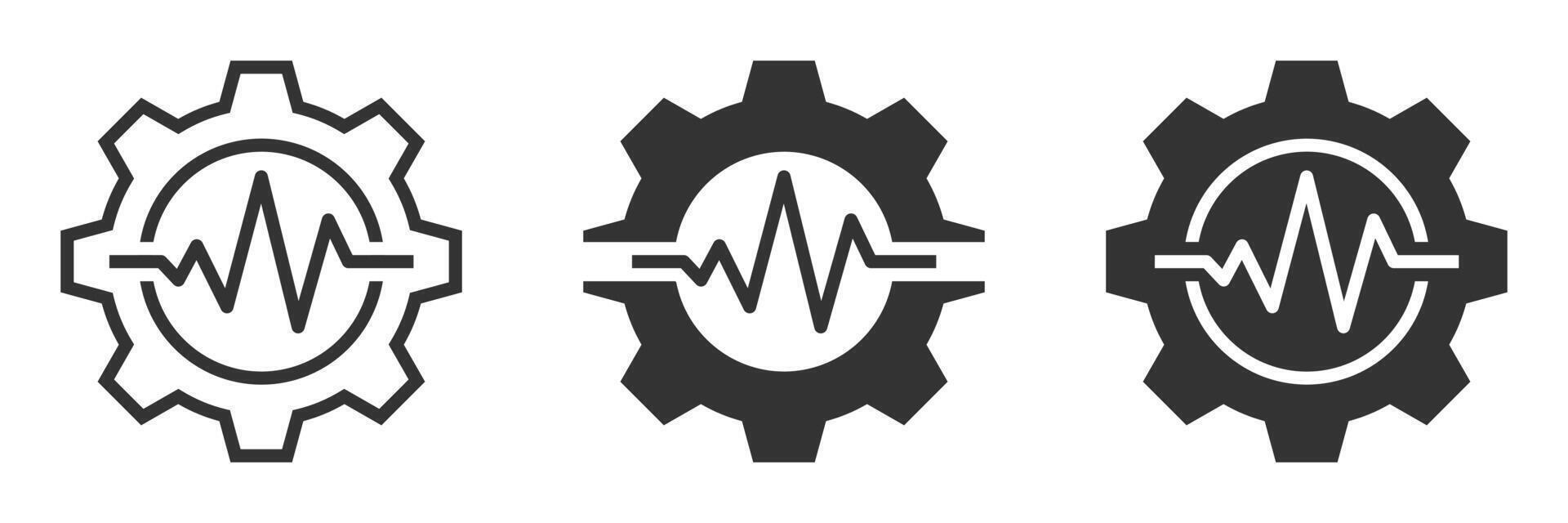 Icons of gears with heartbeat lines in outline and filled styles. Ideal for technology, health, engineering, and mechanics themes. vector