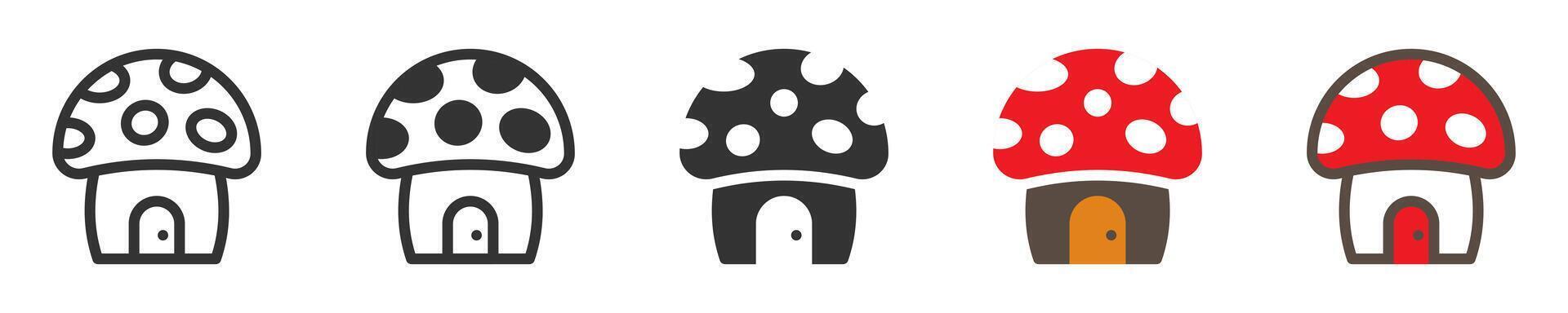 Playful illustration of mushroom houses in outline, filled, and colorful styles. vector