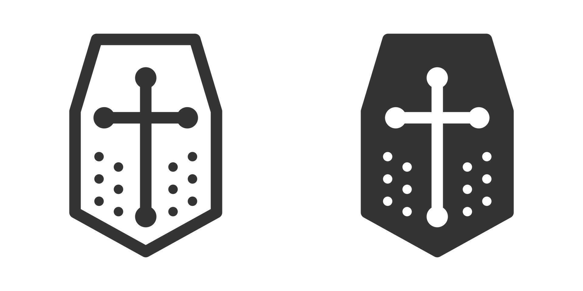 Simple illustration of a crusader helmet with a cross emblem, shown in outline and filled styles. vector
