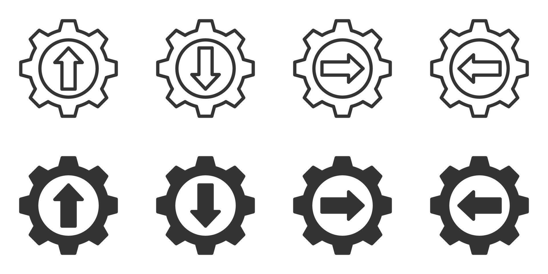 Icons of gears with arrows pointing in different directions, both outline and filled styles. Ideal for navigation, settings, and engineering concepts. vector