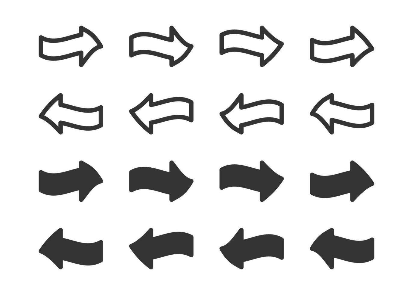 Icons of arrows pointing left and right in various styles, including outline and filled. Perfect for navigation, directions, and UI elements. vector