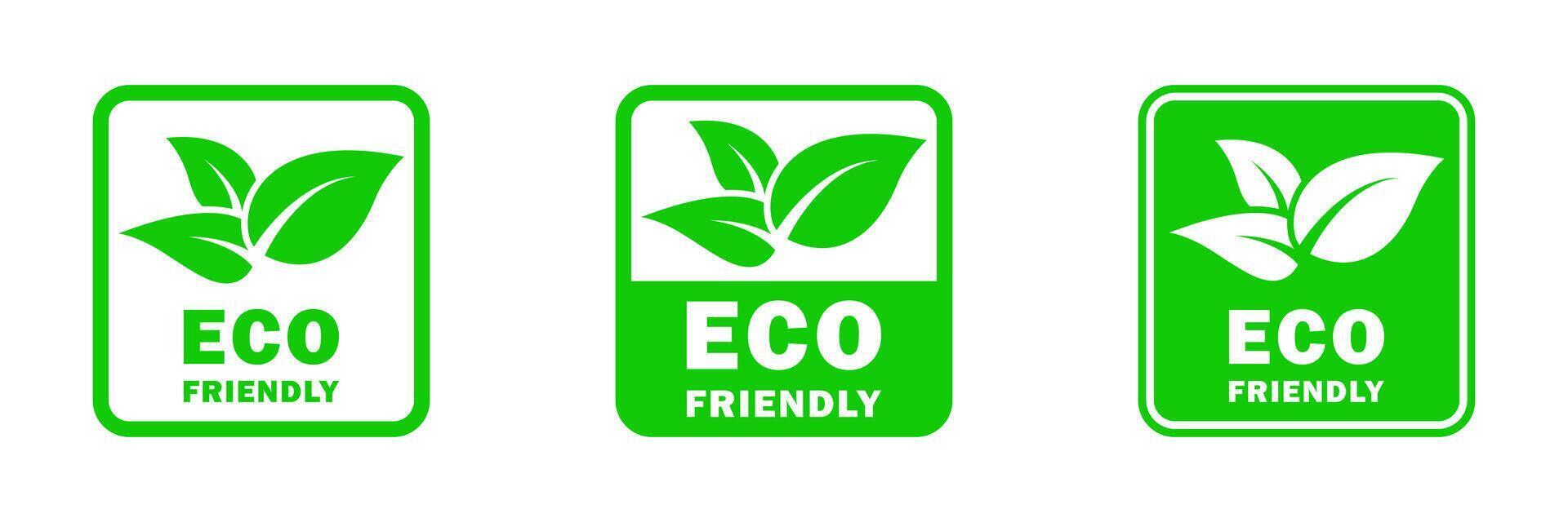 Set of three green eco-friendly icons with leaves and text, promoting environmental sustainability and green products. vector