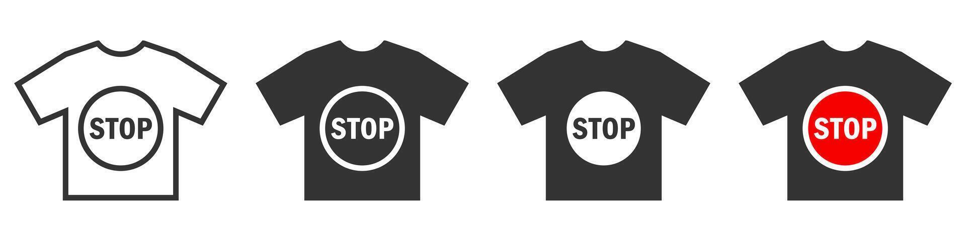 Icons of T-shirts featuring Stop signs in outline and filled styles. Ideal for safety awareness, protest, and activism designs. vector