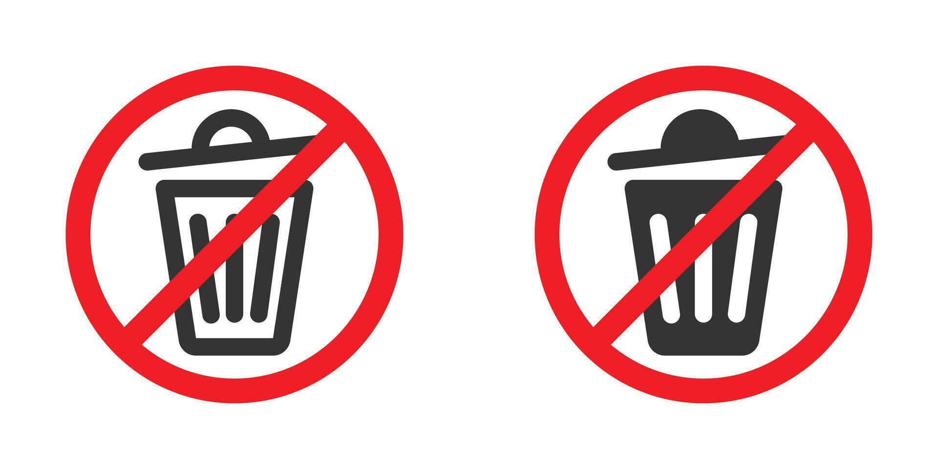 Illustration of no trash icons with a red circle and slash in black and white. vector