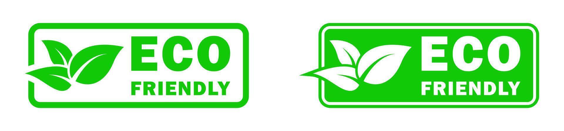 Two green eco-friendly icons with leaves and text, representing environmental sustainability and green products. vector