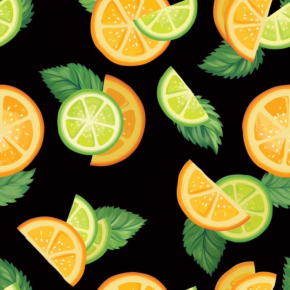 Fresh citrus fruits summer seamless pattern. Fresh orange, lime, citron slice pieces, mint leaves. Colourful food background vector