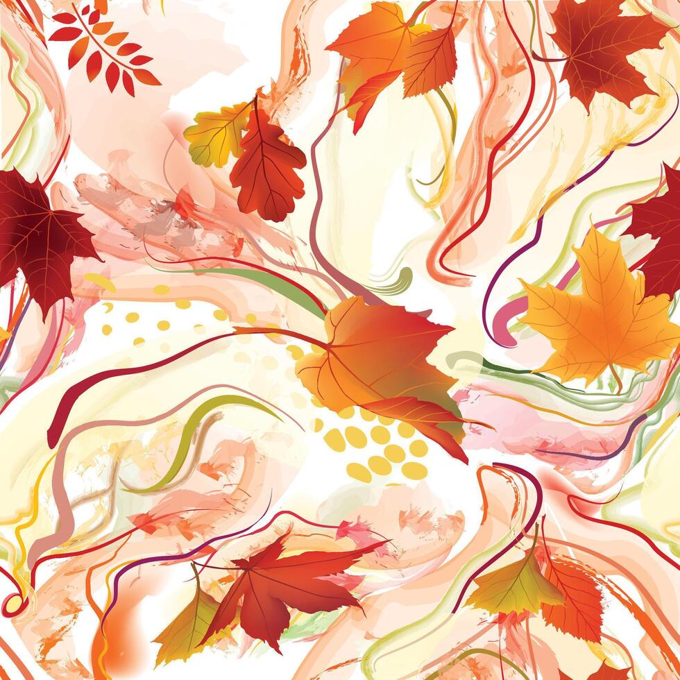 Autumn wavy lines seamless pattern. Autumnal organic texture with flowing wavy shapes and leaves. Beautiful watercolour fall nature background vector