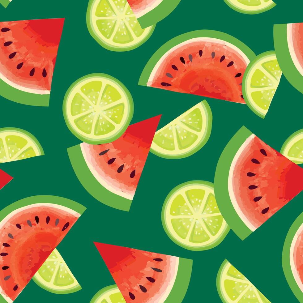 Fruits summer seamless pattern. Fresh watermelon, lime sliced pieces colorful background vector