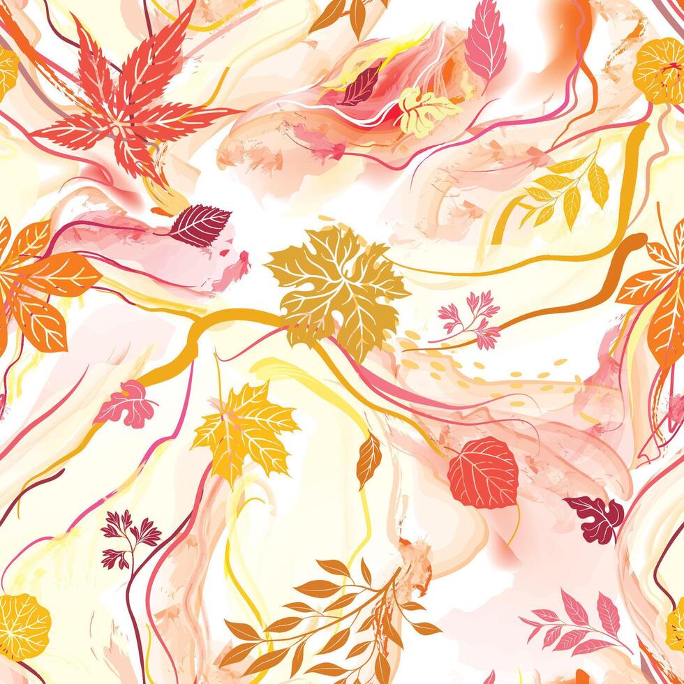 Fall wavy lines seamless pattern. Autumn organic texture with flowing wavy shapes and leaves. Beautiful watercolored background vector