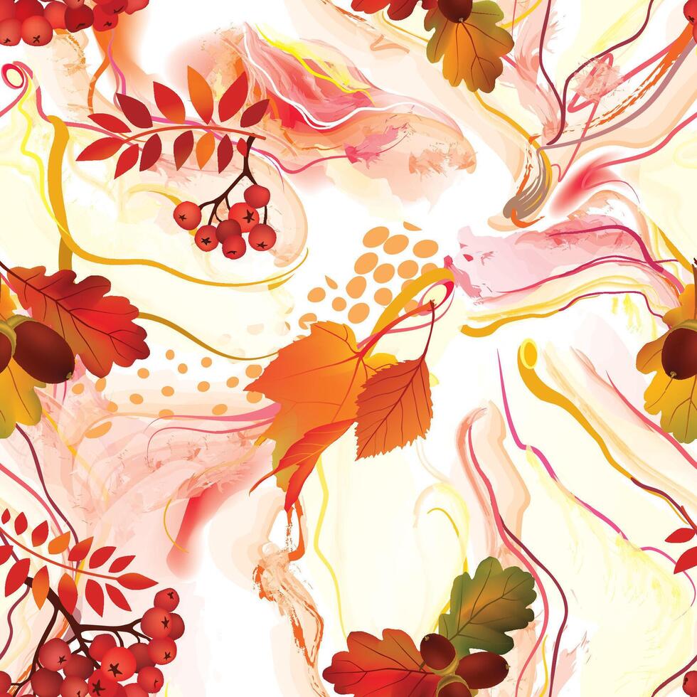 Abstract wavy lines seamless pattern. Autumn organic texture with flowing wavy shapes and leaves. Beautiful watercolored autumnal background vector