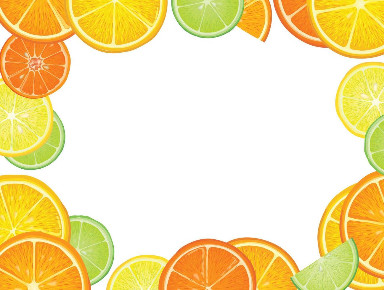 Citrus fruits frame background. Fresh slice orange, lemon, lime, grapefruit, mandarin pieces over white background. Beverage dessert food. vector