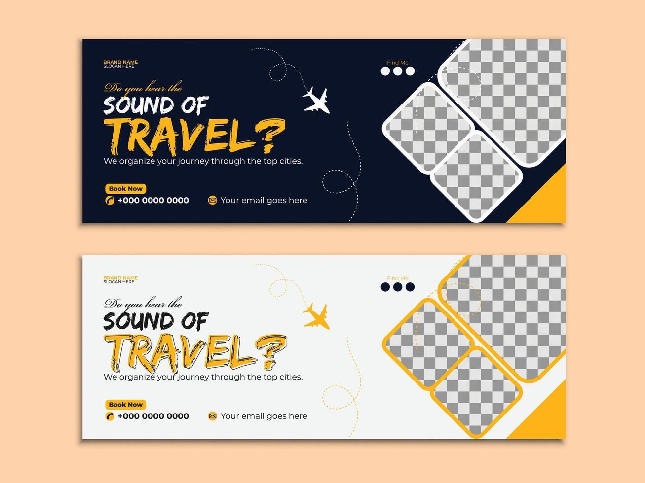 Modern-style creative travel social media cover, web banner, and email signature design with geometric shapes for summer vacation, trips, and adventure tour advertisements. vector