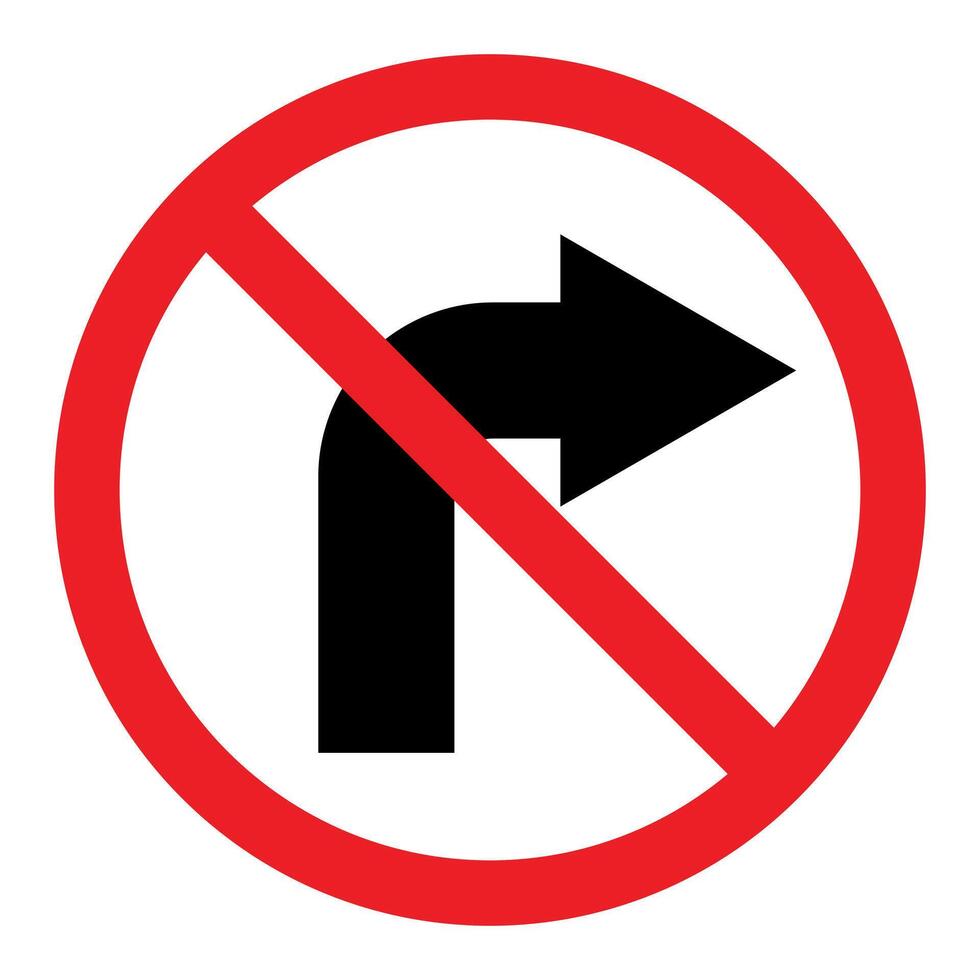 No right turn sign symbol, prohibitory traffic sign, red crossed out circle symbol with arrow pointing to the right silhouette vector