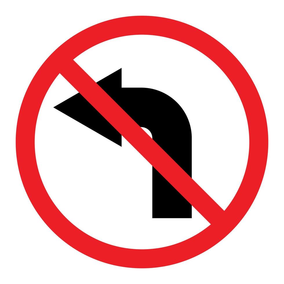 No left turn sign symbol, prohibitory traffic sign, red crossed out circle symbol with arrow pointing to the left silhouette vector