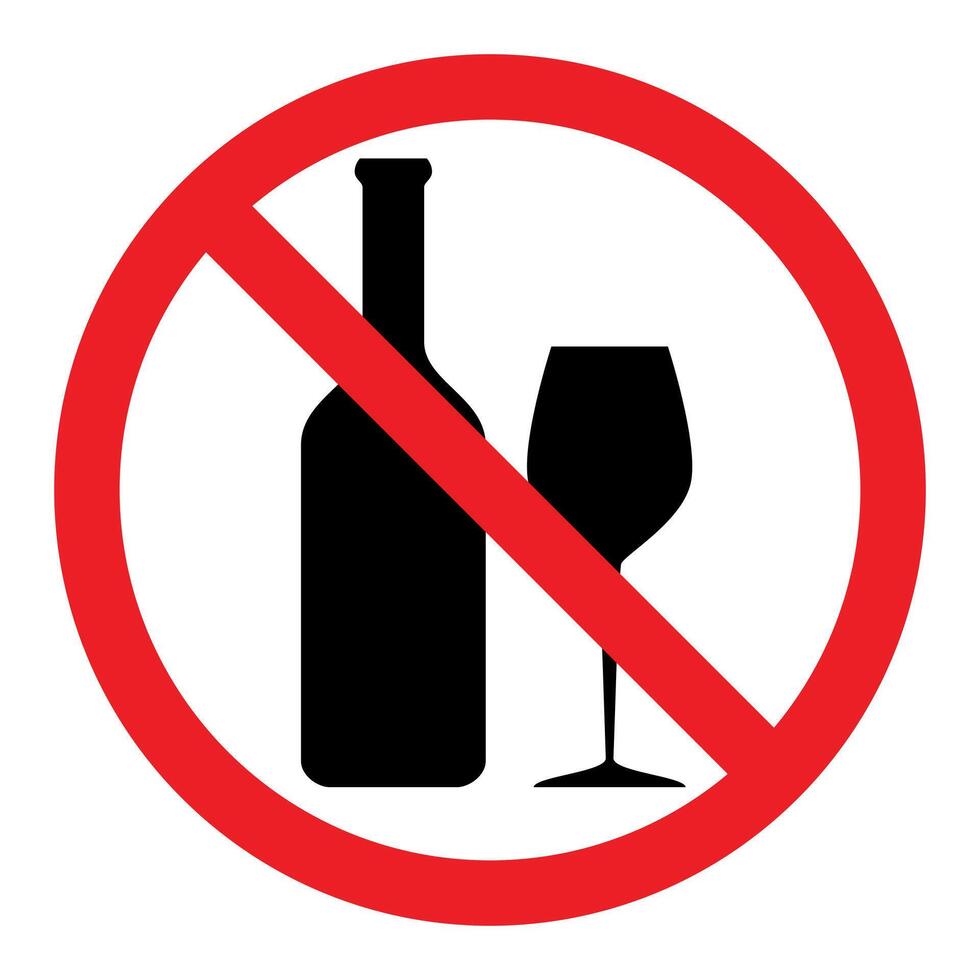No alcohol symbol, prohibitory sign, red crossed out circle symbol with bottle and glass silhouette vector