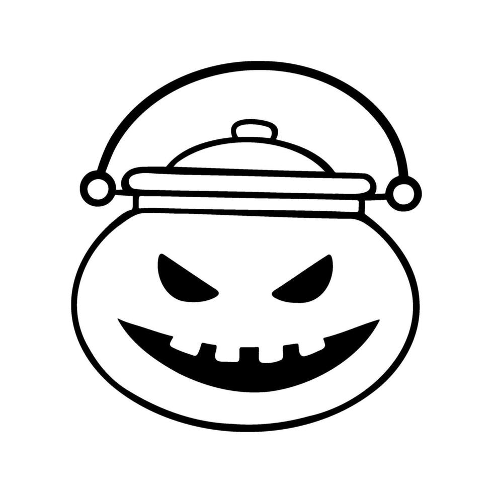 Sinister laughing Halloween potion cauldron illustration in line art style. Graphic monochrome drawing. Hand drawn outline sketch, engraved doodle illustration. For coloring, invitation, decoration. vector