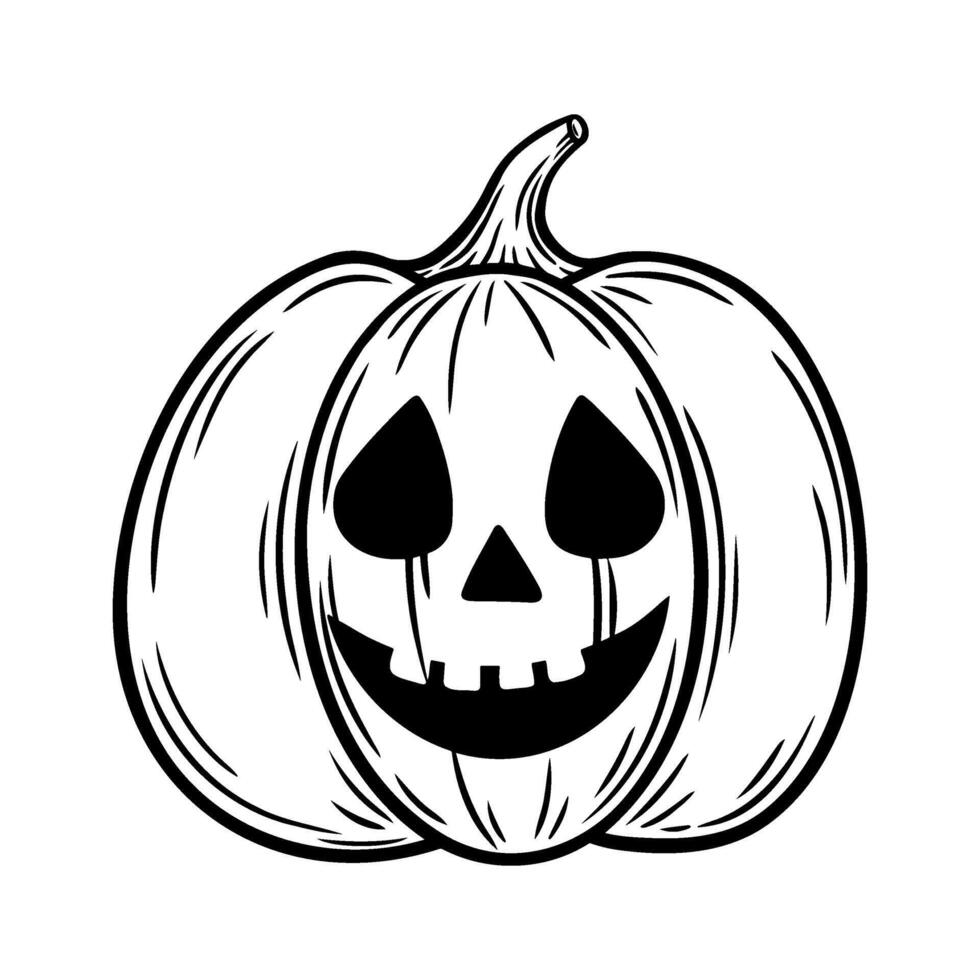 Spooky Halloween pumpkin illustration in line art style. Laughing Jack o lantern graphic monochrome drawing. Hand drawn outline sketch, engraved illustration. For coloring book, invitation, decoration vector