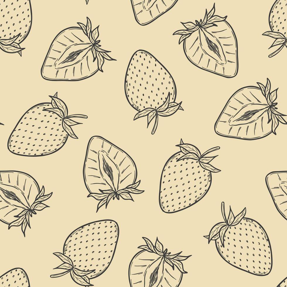 Seamless pattern with strawberry black line art illustration on beige background, hand drawn botanical outline sketch. Monochrome drawing. For digital background, packaging, textile. vector