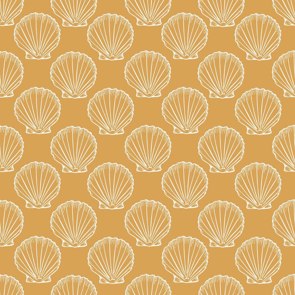 Underwater seamless pattern with seashell line art illustration in white color on yellow background. Scallop sketch, seashell line drawing. Summer beach ocean print for background, textile, fabric vector