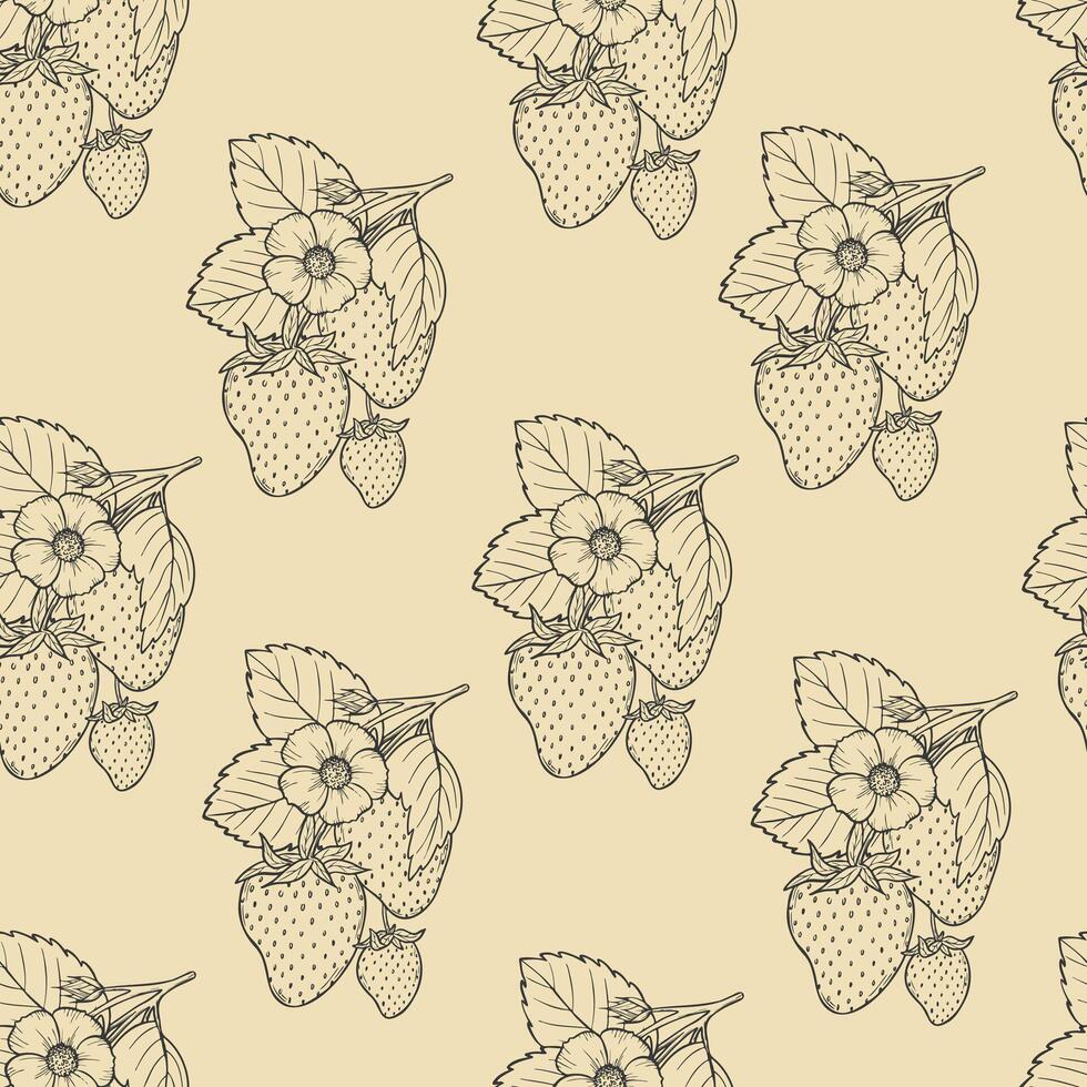 Strawberry seamless pattern, strawberries black line art illustration on beige background, hand drawn botanical outline sketch. Monochrome drawing. For digital background, packaging, textile. vector