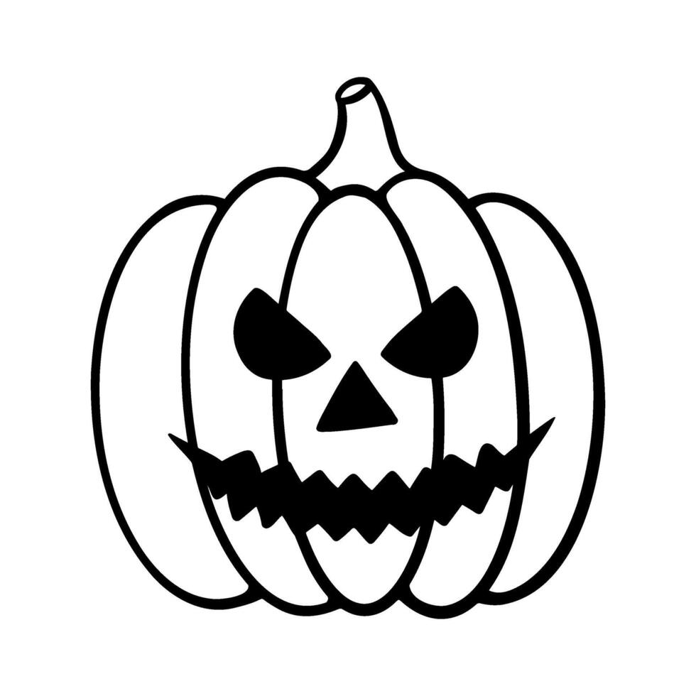 Spooky Halloween pumpkin illustration in line art style. Laughing Jack o lantern graphic monochrome drawing. Hand drawn outline sketch, engraved illustration. For coloring book, invitation, decoration vector