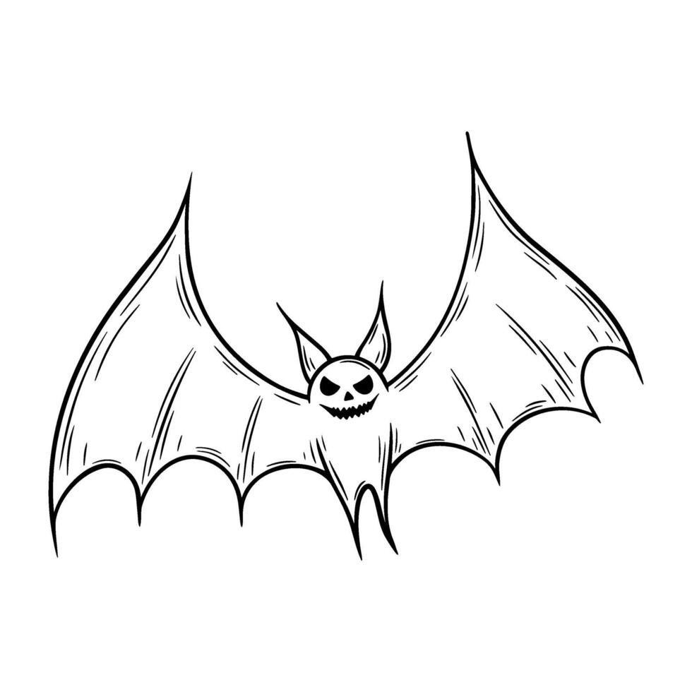 Sinister laughing Halloween flying bat illustration in line art style. Graphic monochrome drawing. Hand drawn outline sketch, engraved doodle illustration. For coloring book, invitation, decoration. vector